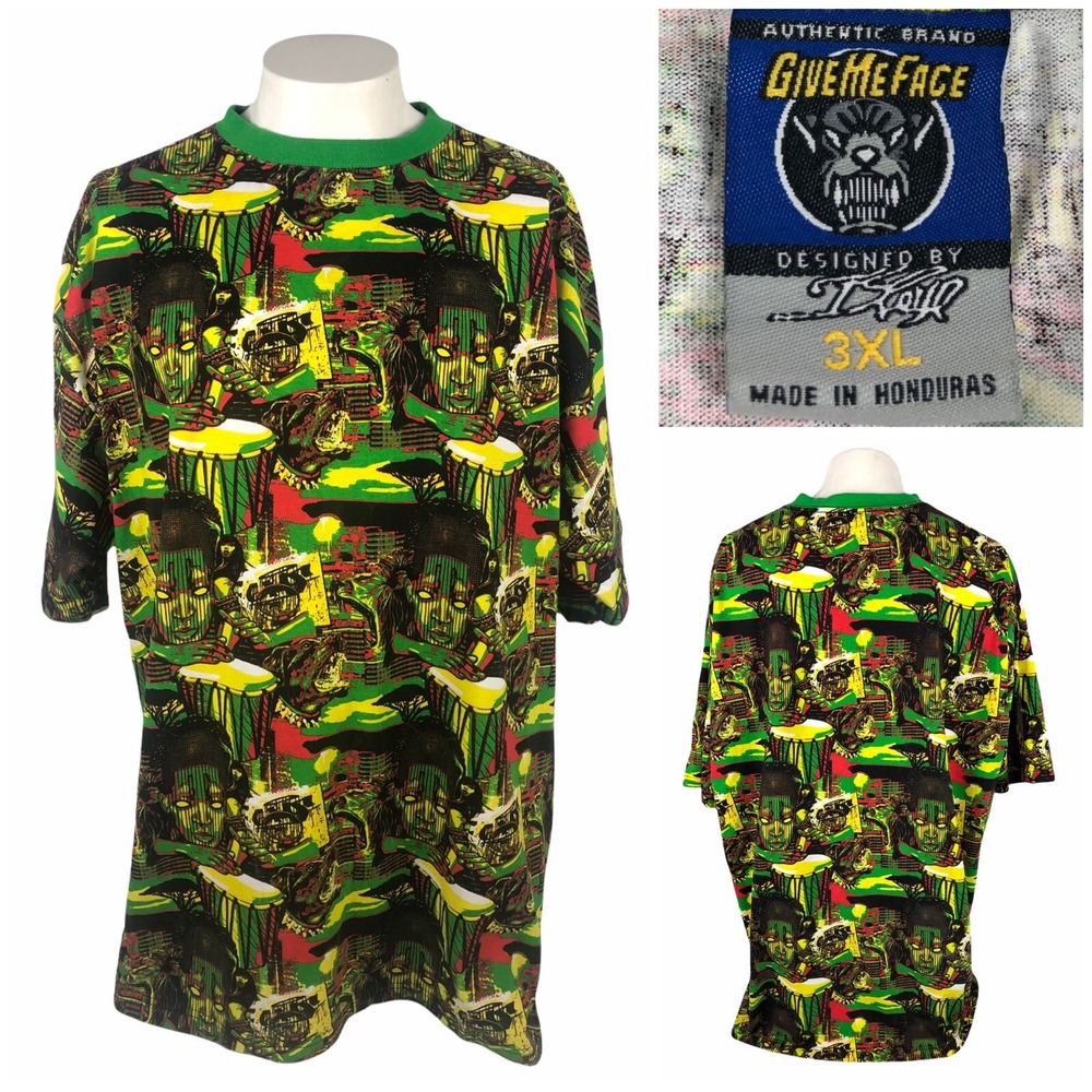 Give Me Face Mens 3XL Shirt Green All Over Print 100% Cotton Hip Hop EUC